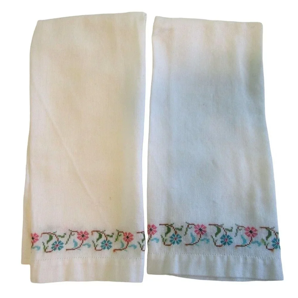 Vintage Hand Embroidered Guest Tea Hand Towels Pink Blue Floral Minor Age Stains